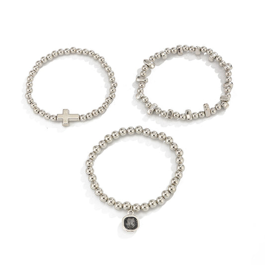 Planderful Vienna Verve Elastic Silver Beaded Bracelet Set With Personalized Gray Stone Pendant Cross For Her