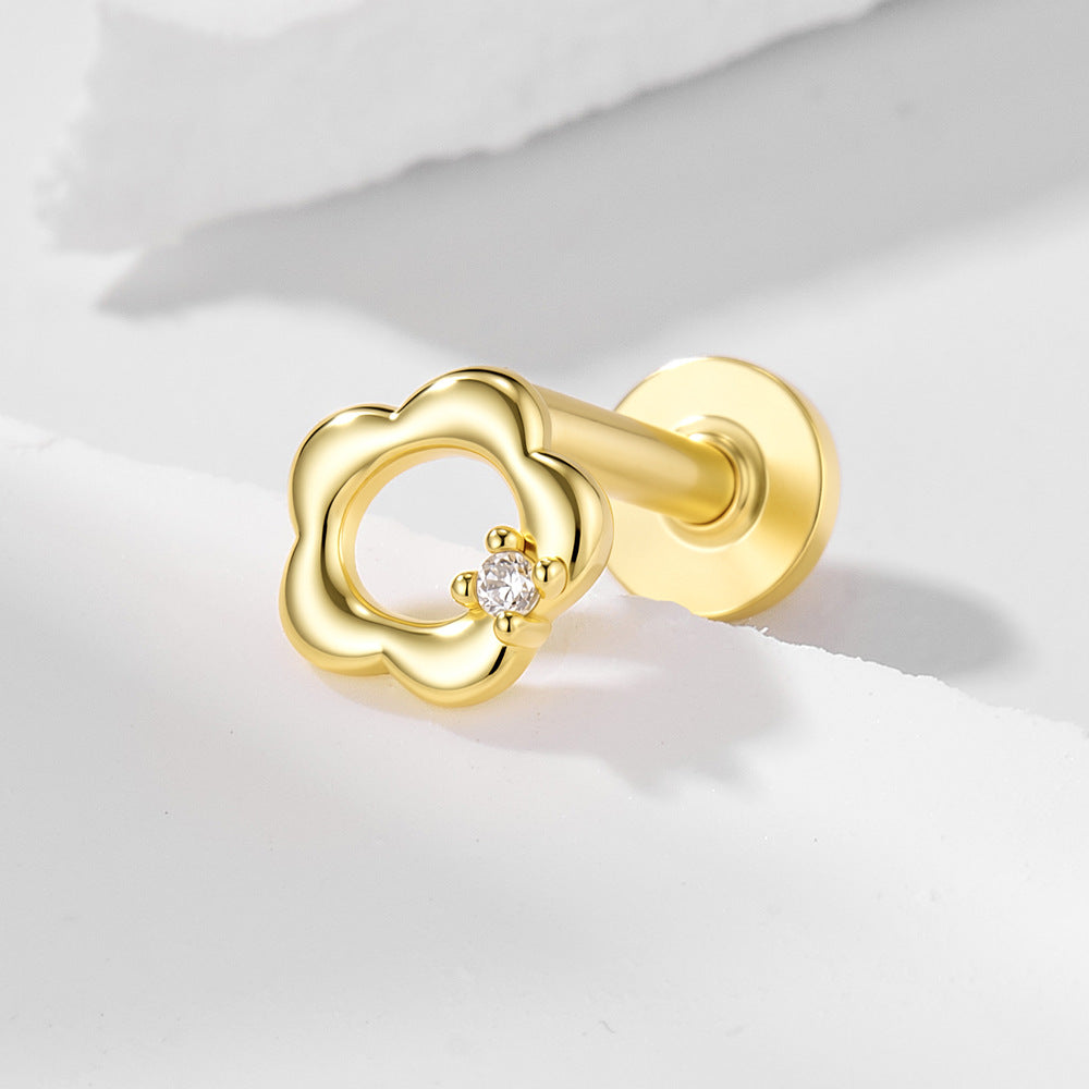 S925 Sterling Silver Hollow Small Flower Inlaid Zircon Cartilage Spiral Puncture Earrings Versatile