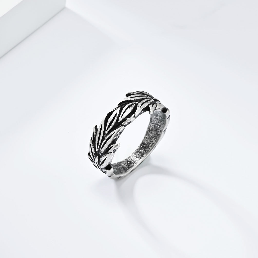 Cross-Border Retro Hemp Leaf Titanium Steel Ring for Men