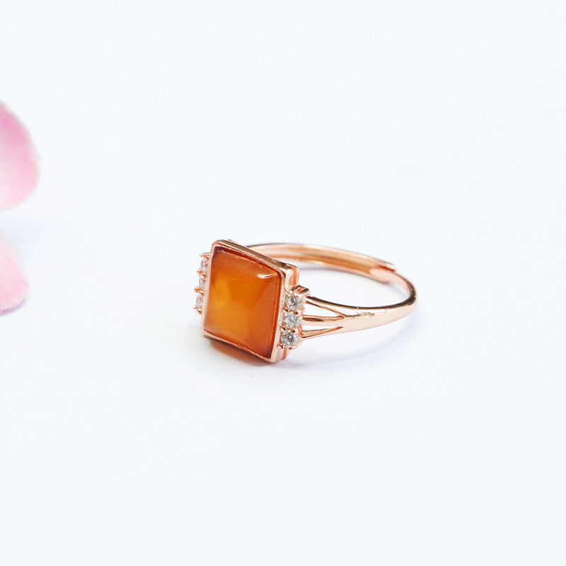 Square Russian Amber Beeswax Zircon Sterling Silver Ring with Adjustable Diameter