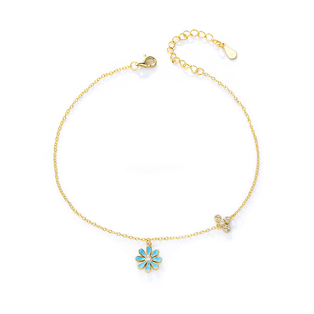 Japan And Korea Small Daisy Anklet Sterling Silver Summer Versatile Fresh Flower Anklet Bracelet