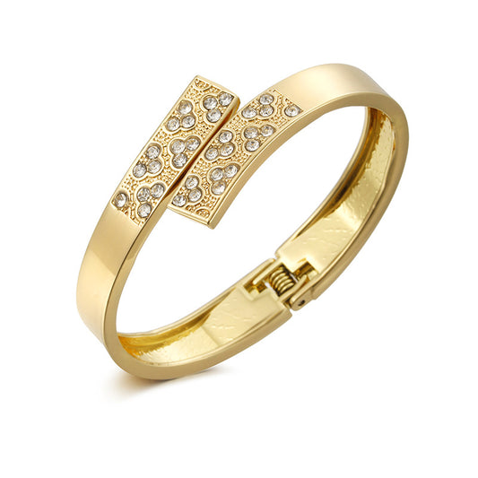 Glamorous Gold Brushed Rhinestone Bangle Bracelet