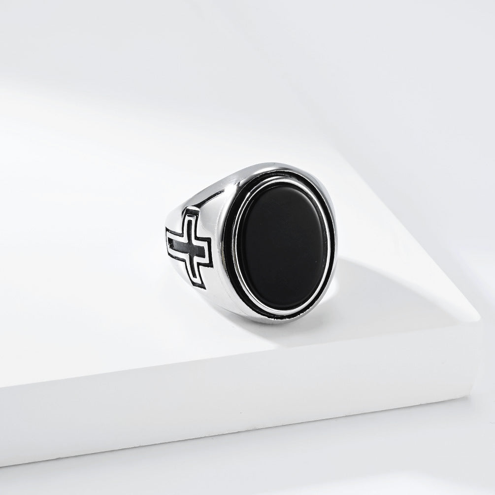 Cross Tiger's Eye Black Gemstone Stainless Steel Ring for Men