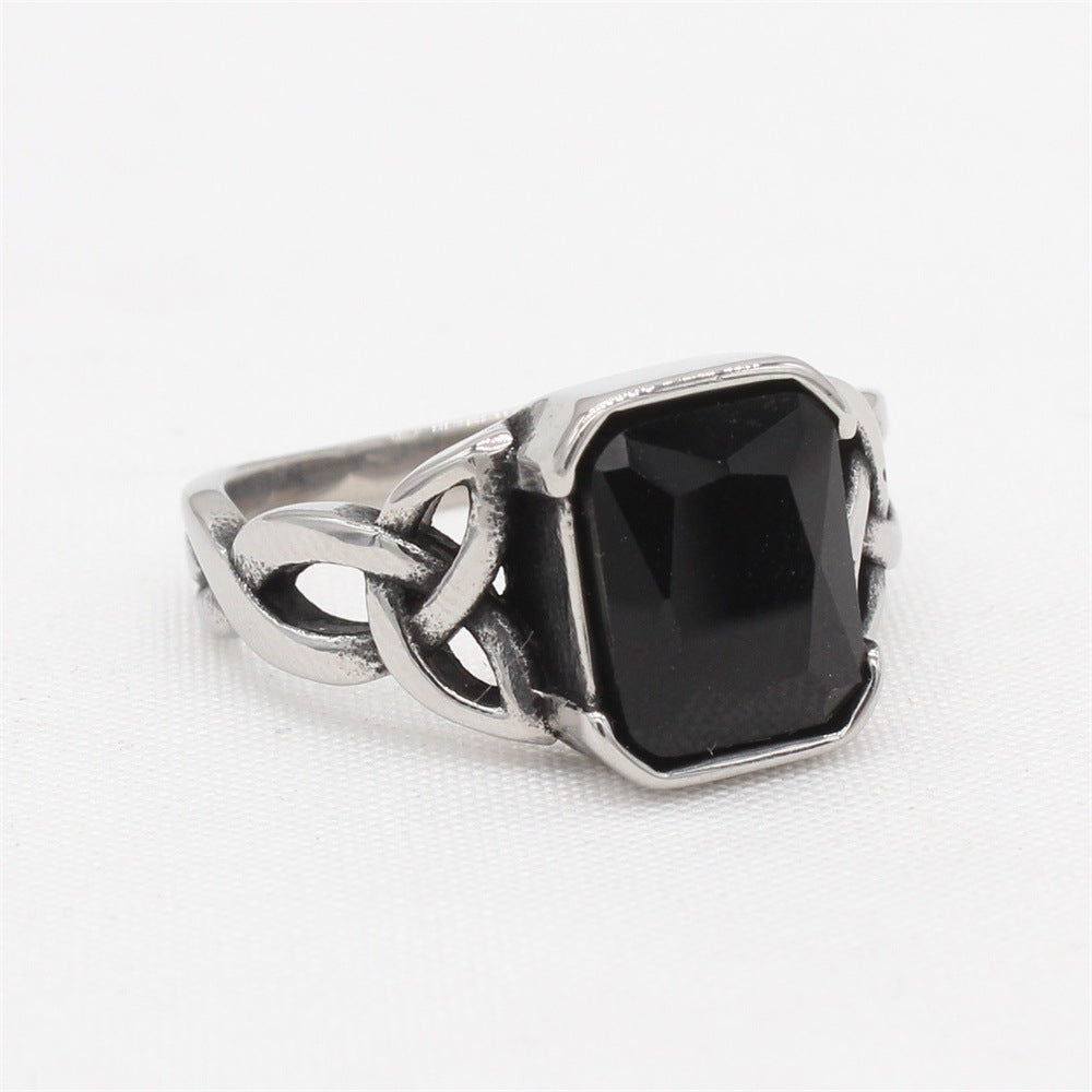 Retro Viking Celtic Rectangle Zircon Titanium Steel Ring for Men