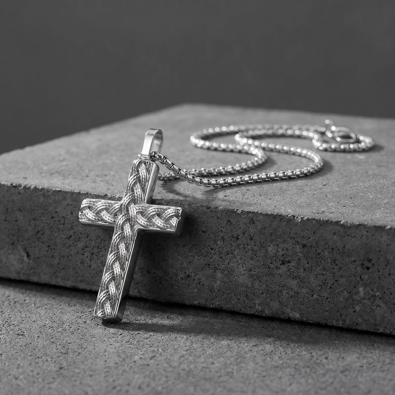 Hip Hop Stainless Steel Round Bead Chain Necklace Simple Twist Cross Pendant Square