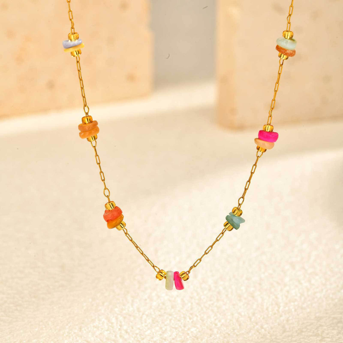 Stainless Steel Summer Seaside Vacation Wind Small Fresh Ocean Wind Colored Stone Necklace