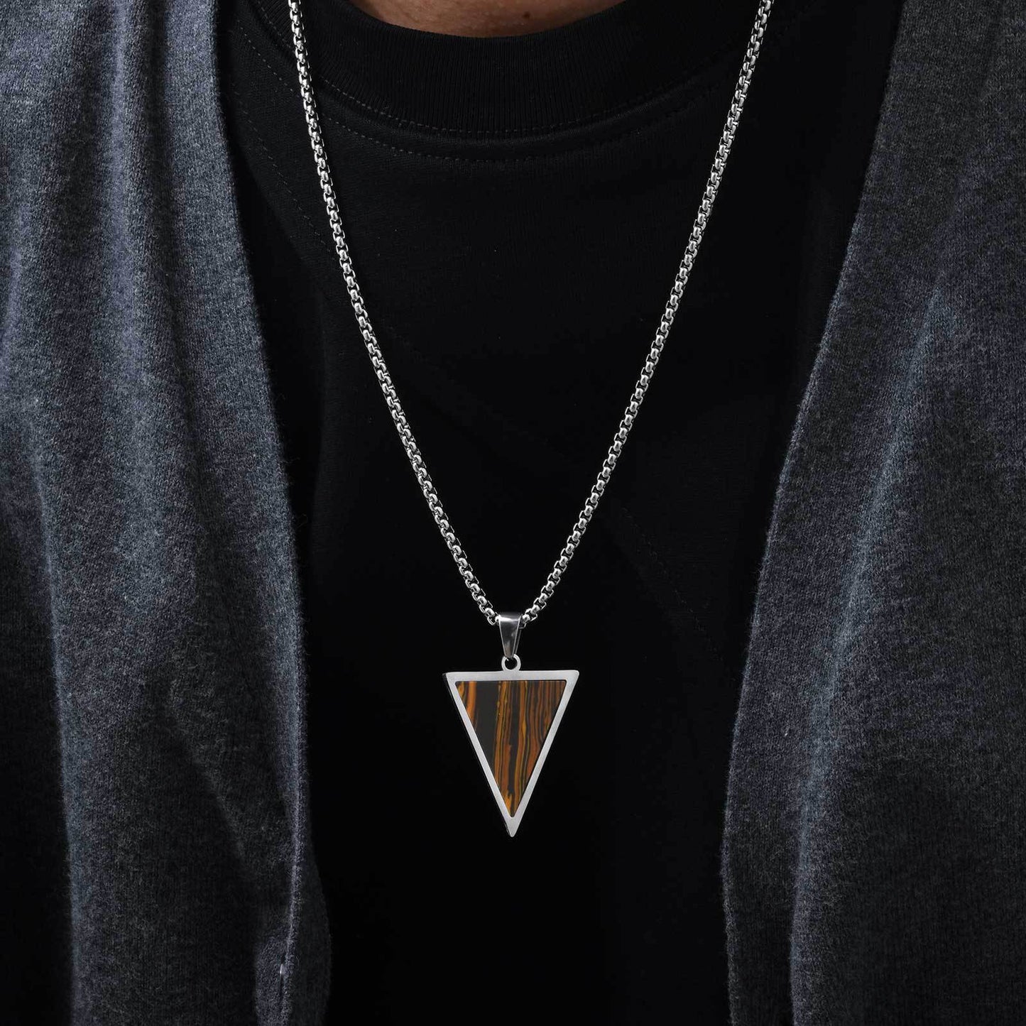 Stainless Steel Triangle Natural Tiger's Eye Stone Black Agate Pendant Necklace Men's