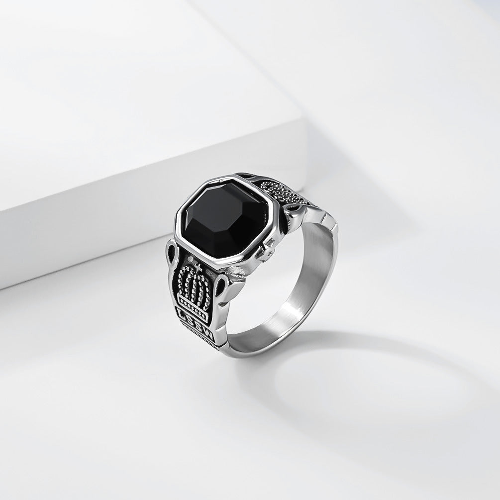 Planderful Titanium Steel Ring Black Stone Crown For Men Bold Statement Retro Street Style High End Jewelry
