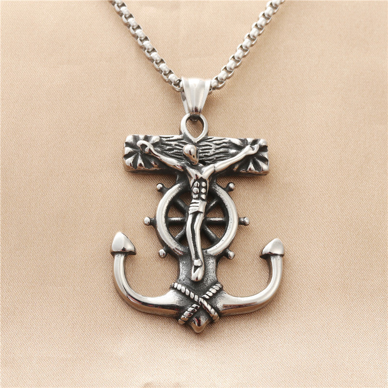 Titanium Steel Anchor Rudder Pendant Necklace for Men - Vintage Punk Style