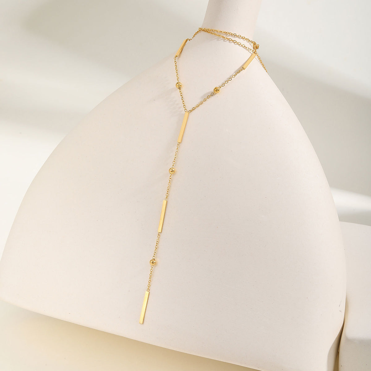 Stainless Steel Square Strip Bead Spacer Y-Shaped Fringed Necklace Gold