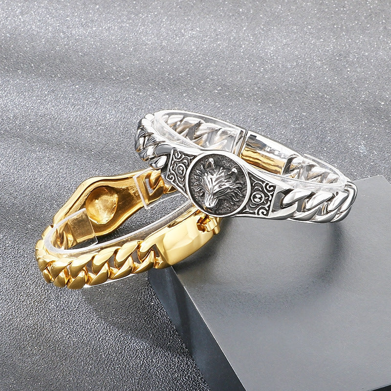 Punk Style – Wolf King Round Brand Layered Cuban Chain Titanium Bracelet