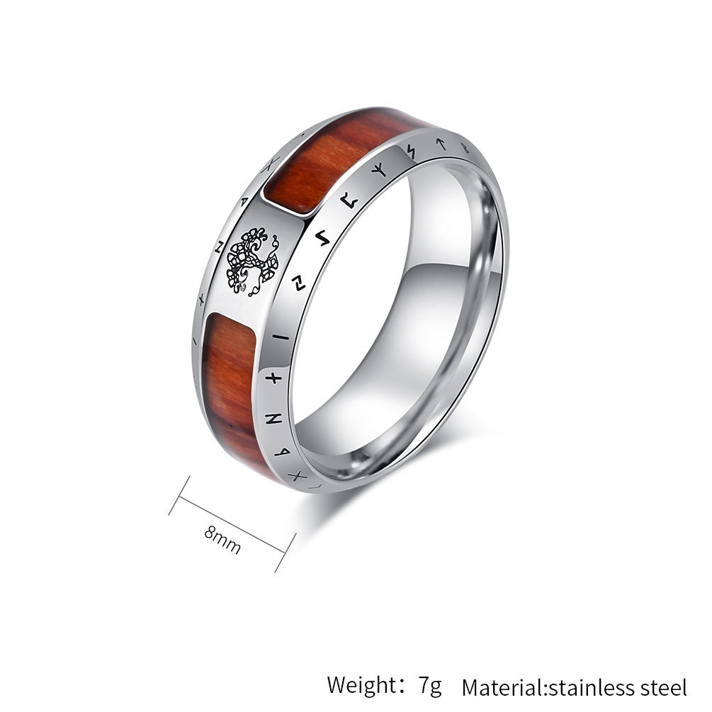 Steel Ring – Vintage Nordic Viking World Tree Men's Ring With Wood Grain Texture And Bold Design