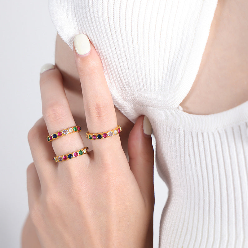 Luxurious Colorful Zircon Titanium Steel Ring for Stylish Women