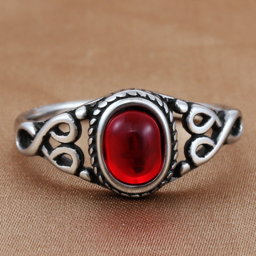 Retro-Inspired Multi-Color Stone Titanium Steel Hollow Ring for Men