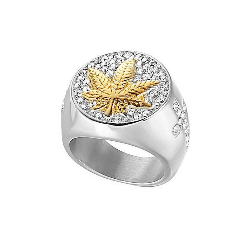 Planderful Collection Hip Hop Titanium Steel Ring For Men Gold Maple Leaf Rhinestone Cross