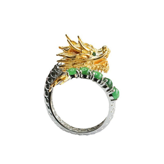 Golden Zodiac Dragon Ring with Natural Green Jade Insets