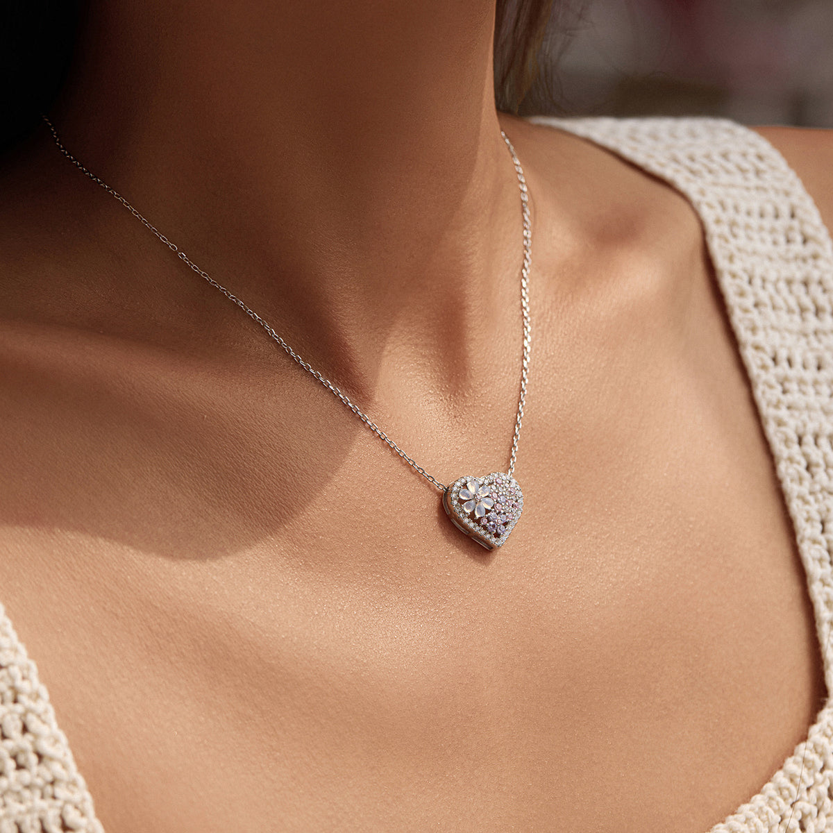 925 Sterling Silver Floral Heart Zircon Necklace