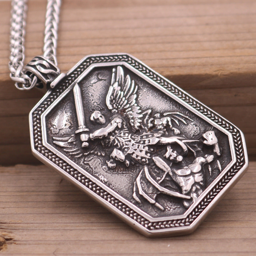 Guardian Angel Vintage Steel Pendant Necklace for Men with Long Sweater Chain