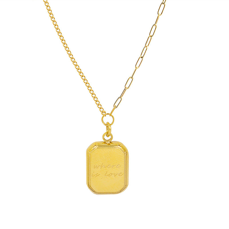 Golden Square Double Letter Pendant Choker Necklace - Women's Titanium-plated Clavicle Chain