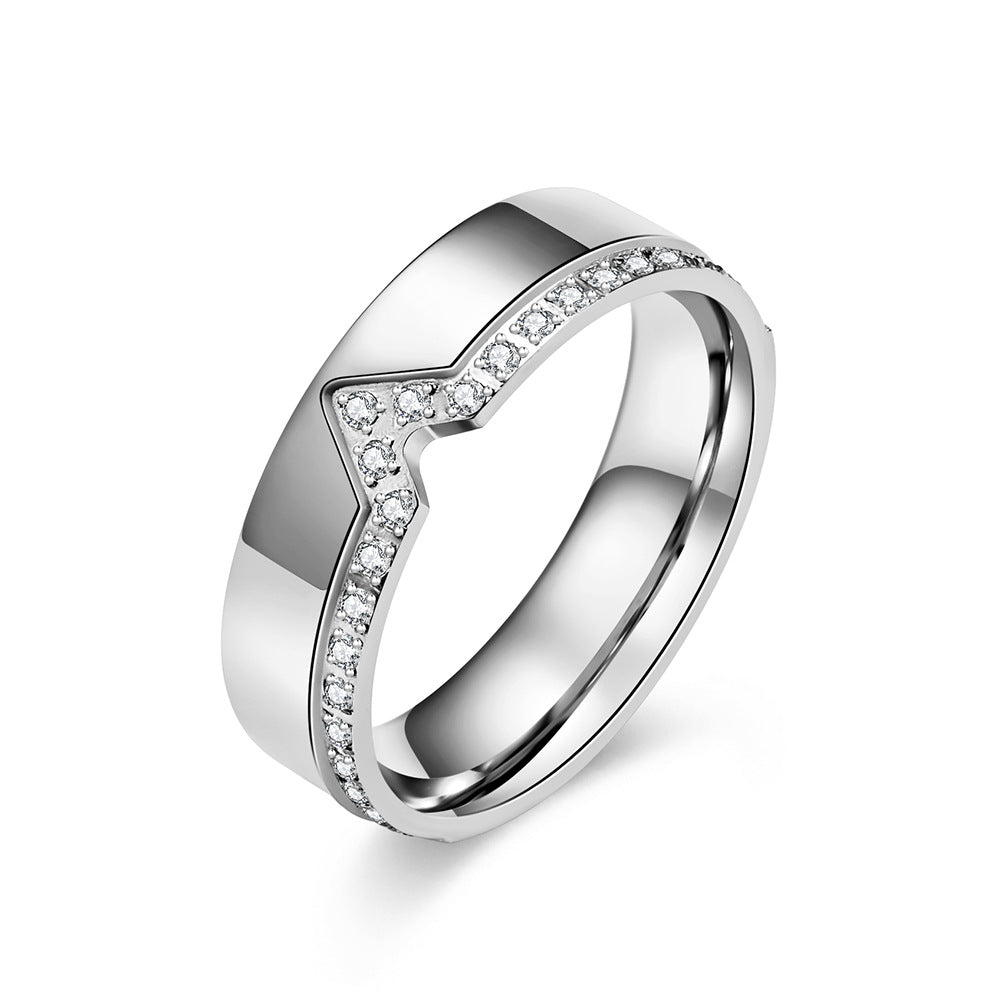 Stainless Steel Engraving Zircon V-Shaped Ring Women's