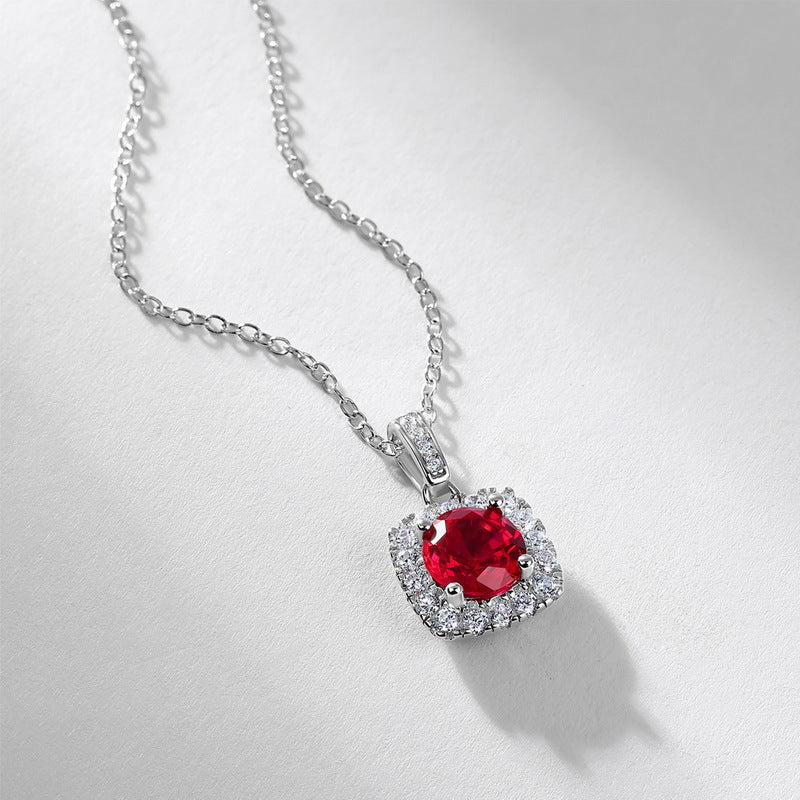 S925 Sterling Silver Lab-Grown Ruby Geometric Pendant Necklace