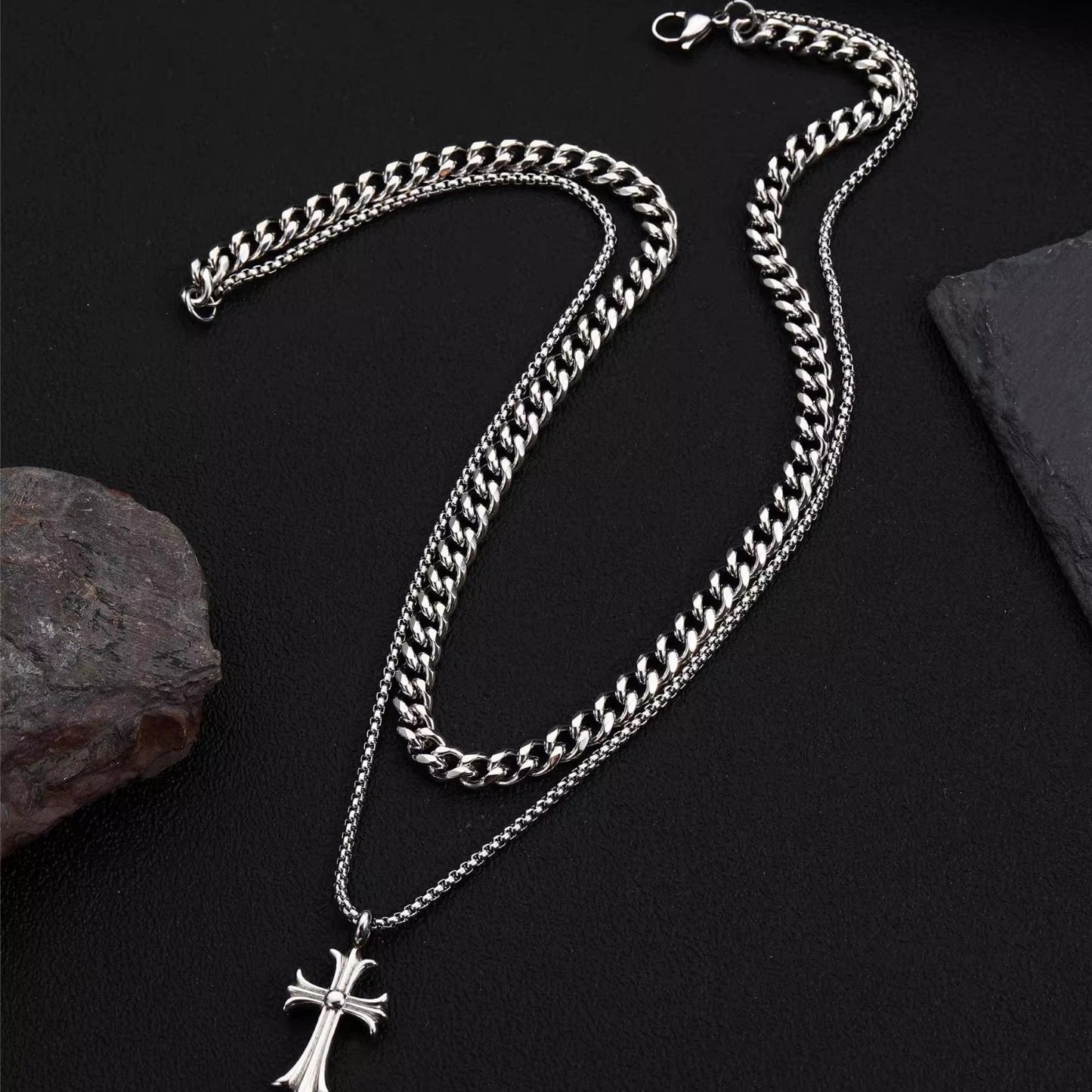Planderful Jewelry Double Layer Cuban Necklace in Titanium Steel with Zircon Cross Pendant