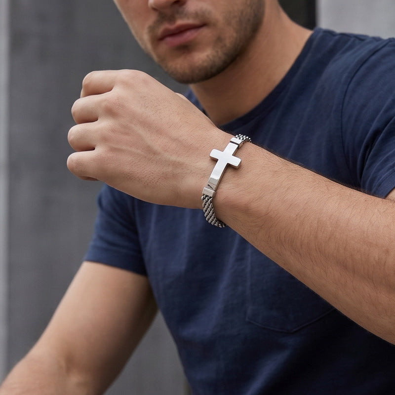 Strap Chain Bracelet – Street Shot Mesh Chain With Extension Chain Cross Curved Bar