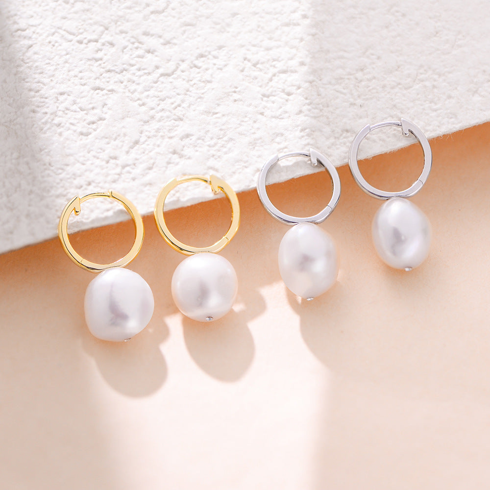 Planderful Pearl Sterling Silver Hoop Earrings For Women Elegant Natural Pearl Design