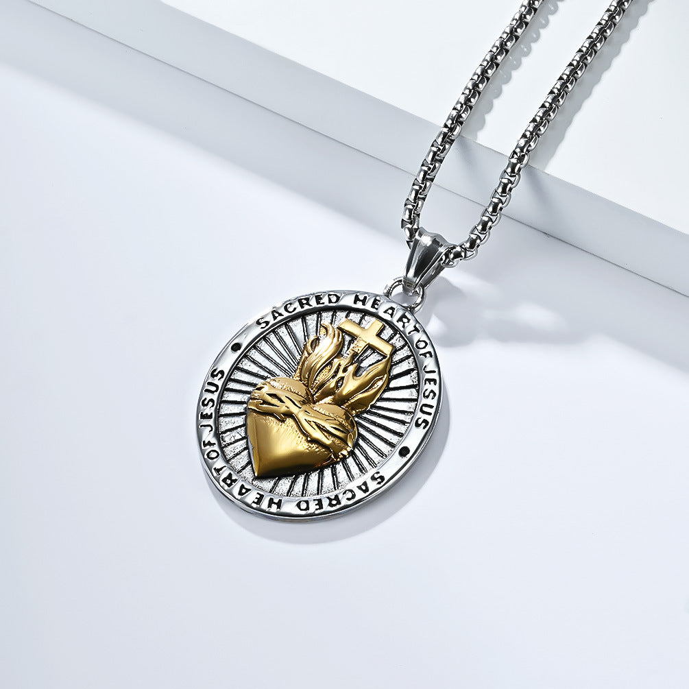Planderful Sacred Heart Cross Necklace For Men Titanium Steel Durable Retro European American Design