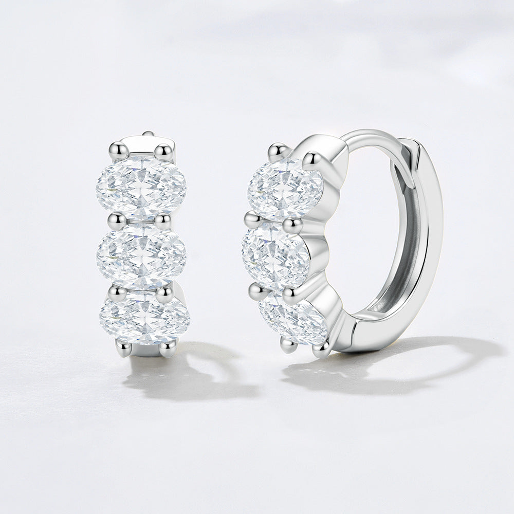Oval Zircon Ring Earrings Ear Buckle Sterling Silver Earrings