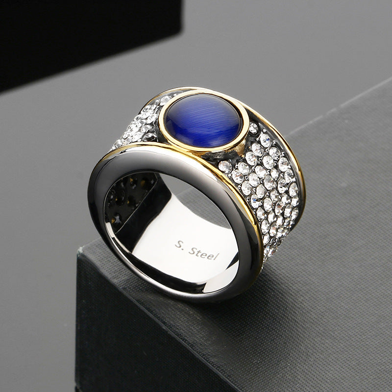 Hophip Full Zircon Jewelry, Vintage French Luxury Zircon Sapphire Titanium Steel Men's Ring