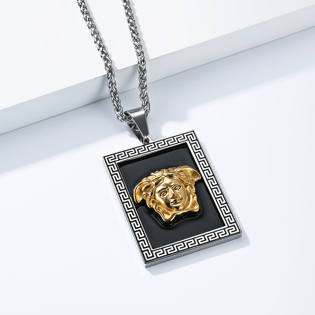Planderful Medusa Square Pendant Necklace For Men Premium Titanium Steel Street Style Chain