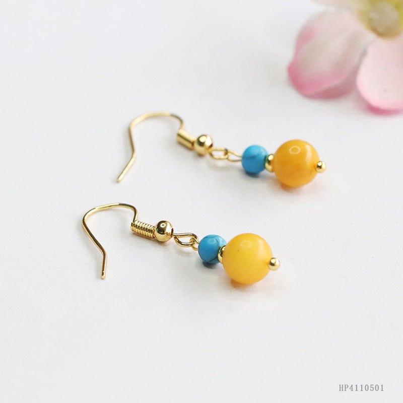 Yellow Beeswax Amber Bead Drop Earrings