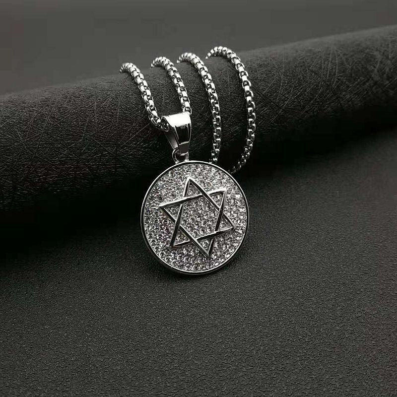 Stainless Steel Hexagram Star Of David Pendant Necklace With Full Zircon By Planderful For Hip Hop Style Fans
