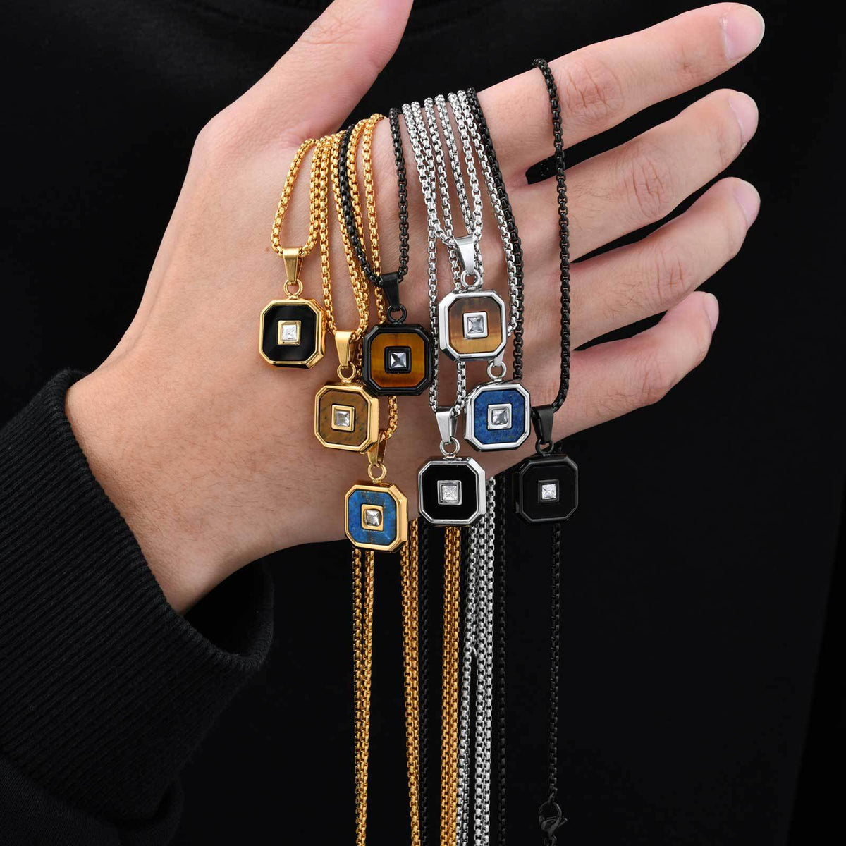 Lapis Lazuli Zircon Stainless Steel Necklace for Men