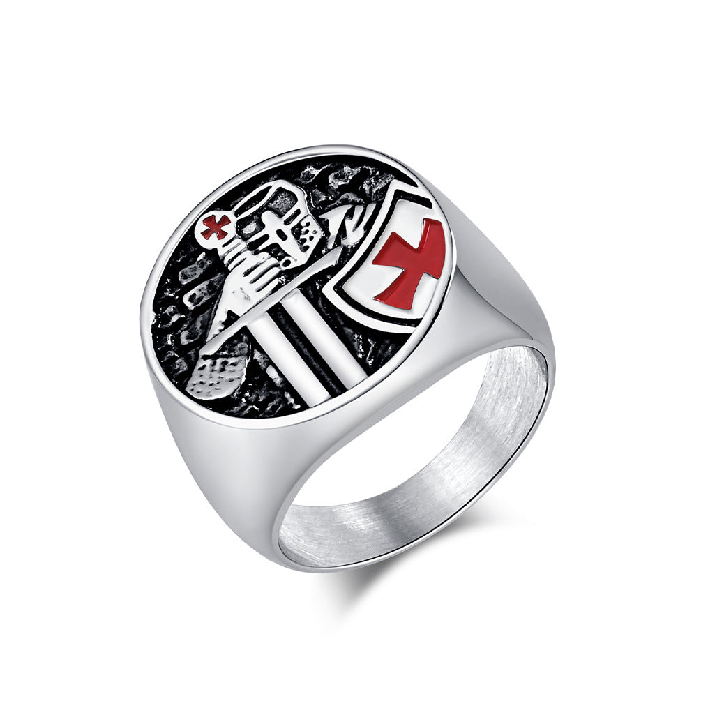 Planderful Stainless Steel Ring Templar Shield For Men Durable Retro Crusader Style Niche Personality