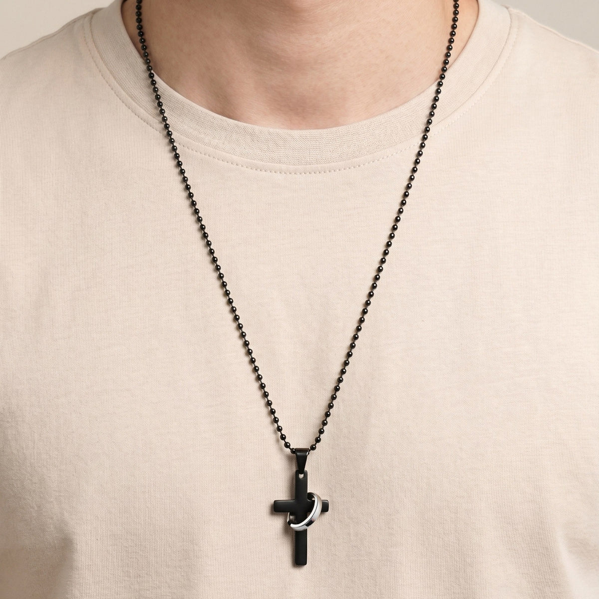 Version Of Men's Stainless Steel Color Matching Cross Ring Pendant Commuter Necklace
