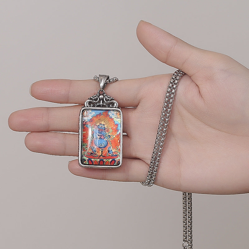 Steel Necklace - Vintage Ethnic Thangka Double-Sided Pendant For Everyday Boho Wear