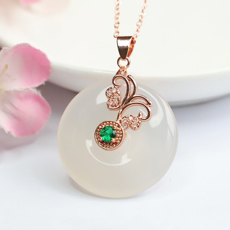 Butterfly Pendant Necklace with Natural White Chalcedony in Rose Gold