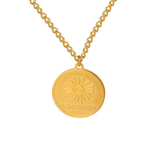 Pastoral Blooms Medallion Pendant with Letter Embossing - Chic Clavicle Chain Necklace