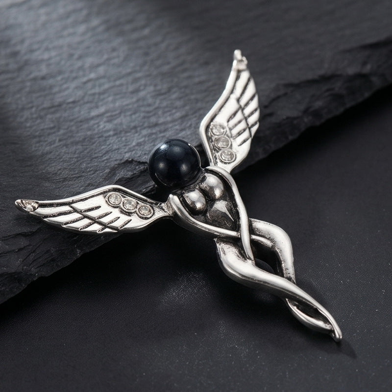Dark Retro Old Dragonfly Snake Woman Fallen Angel Stainless Steel Men's Pendant Necklace