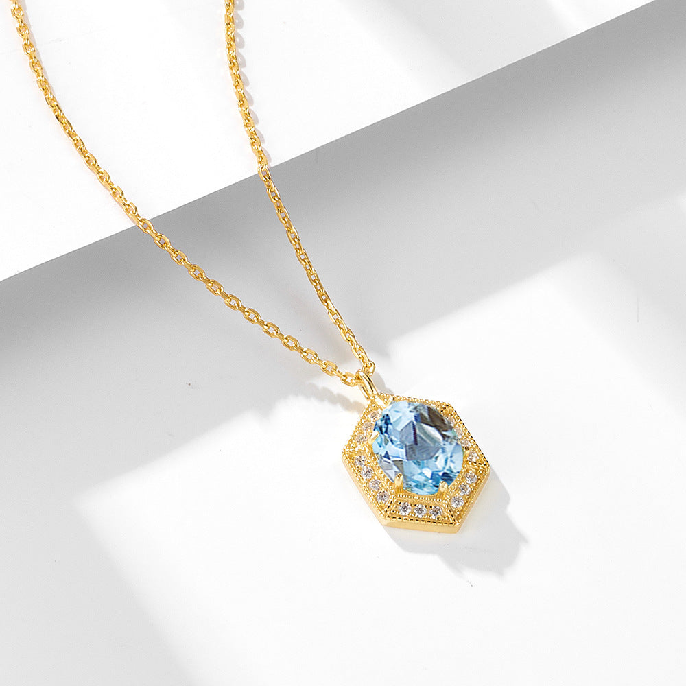 Geometric Retro Natural Sky Blue Topaz Sterling Silver Necklace Sense