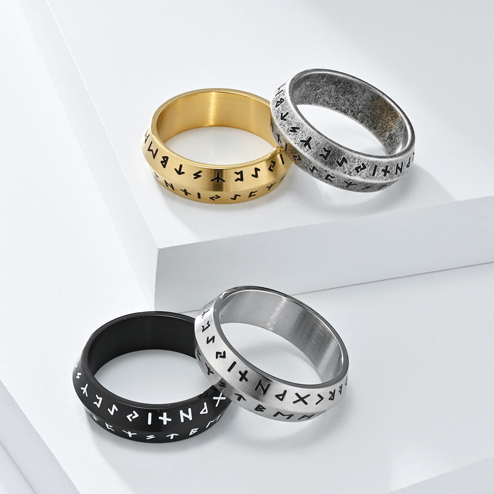 Planderful Viking Text Stainless Steel Ring For Men With Double Beveled Style Everyday Genie