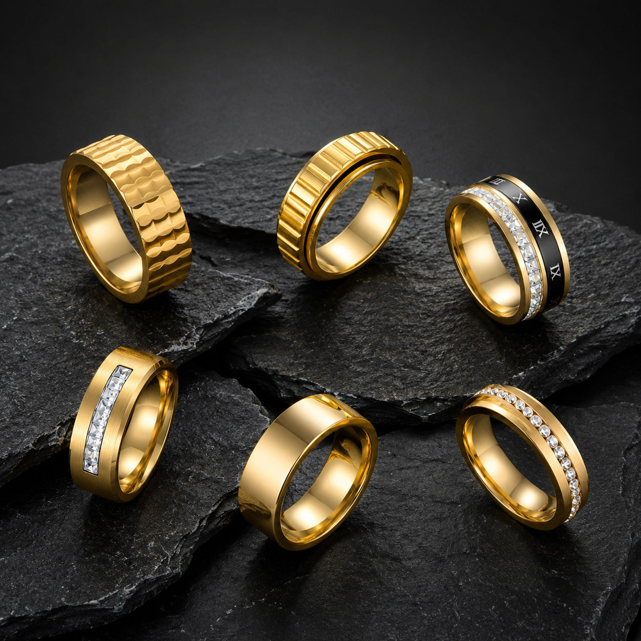 Stainless Steel Ring Set With Wavy Gear Pattern Inlaid Zircon Roman Numerals Unisex Planderful Everyday Genie
