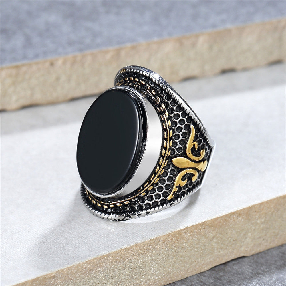 Planderful Everyday Genie Titanium Steel Ring Turquoise Black Stone For Men Unisex Punk Stage Protection Statement