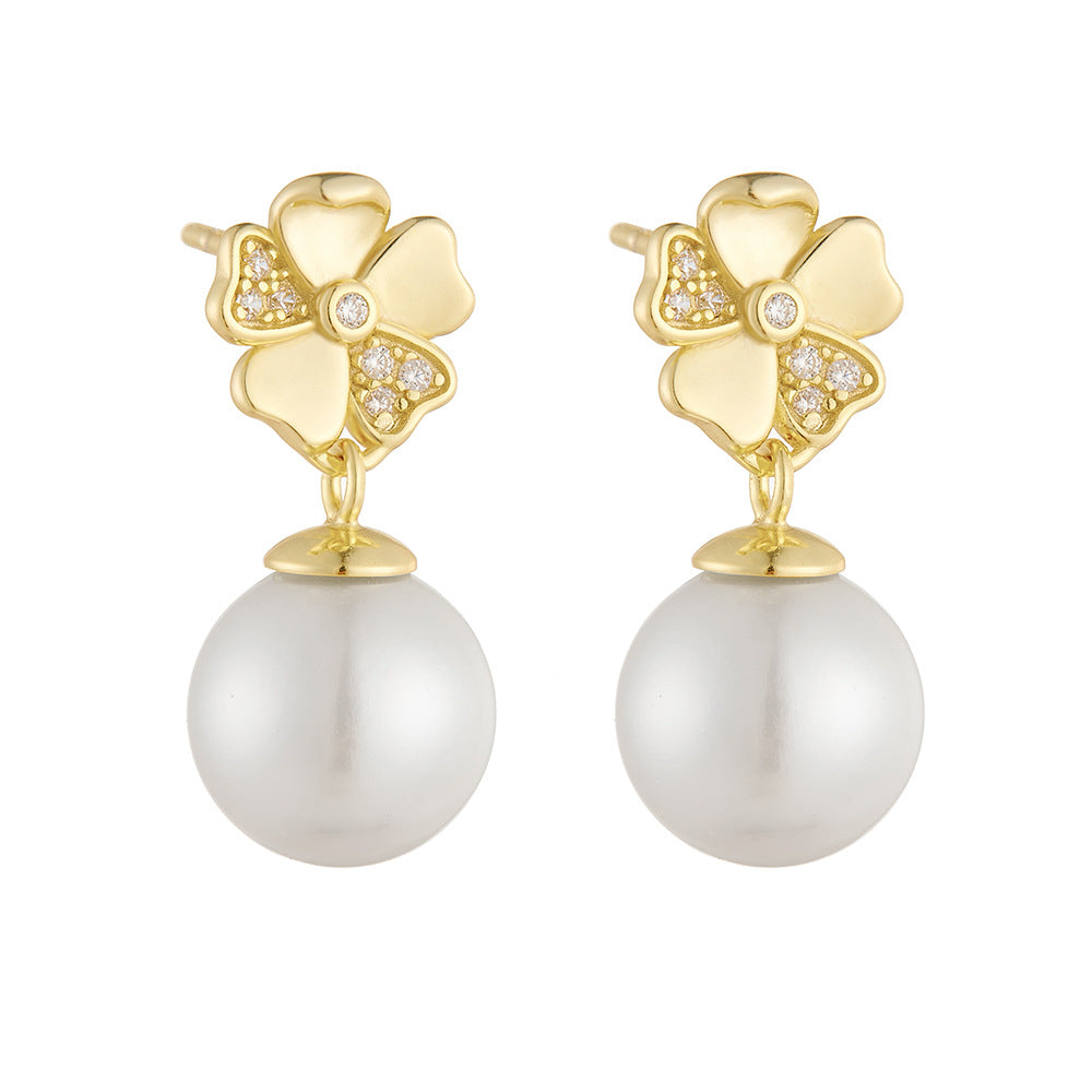 Pearl Earrings S925 Silver Inlaid Zircon Clover Flower Real Gold Electroplated Stud Earrings