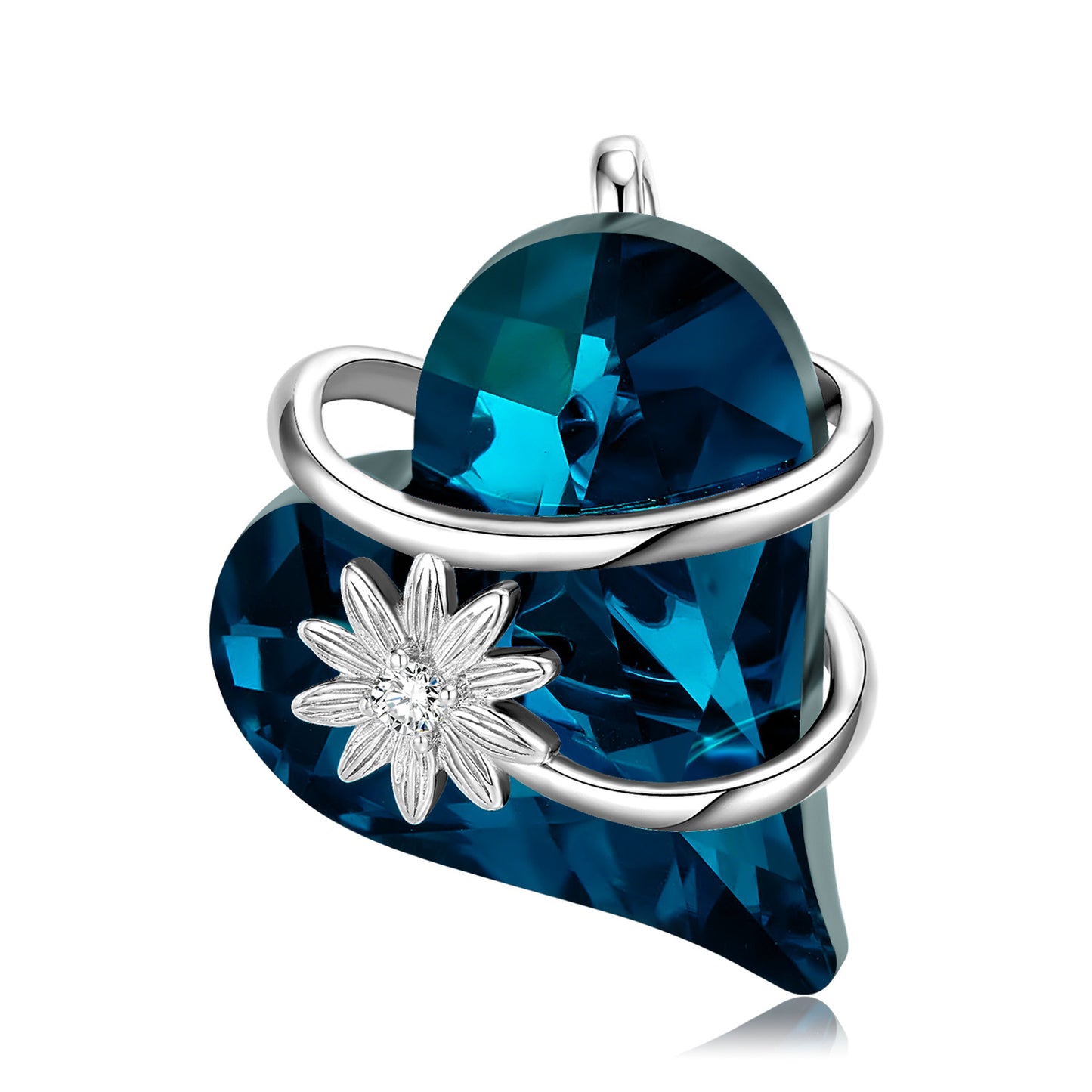 Heart Shape Blue Zircon Entangled Flower Silver Necklace