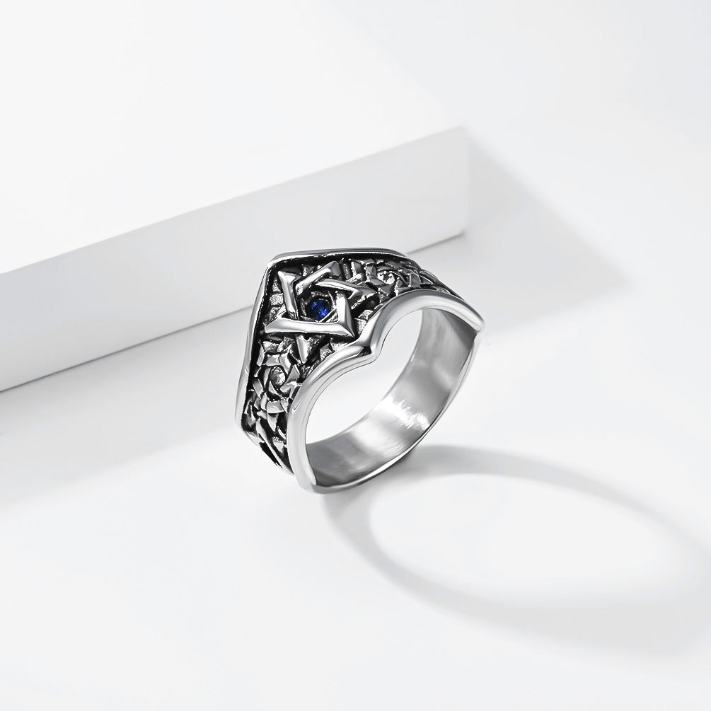 Planderful Hexagram Ring Titanium Steel Inlaid Blue Zircon Star Of David Retro Unisex Jewelry