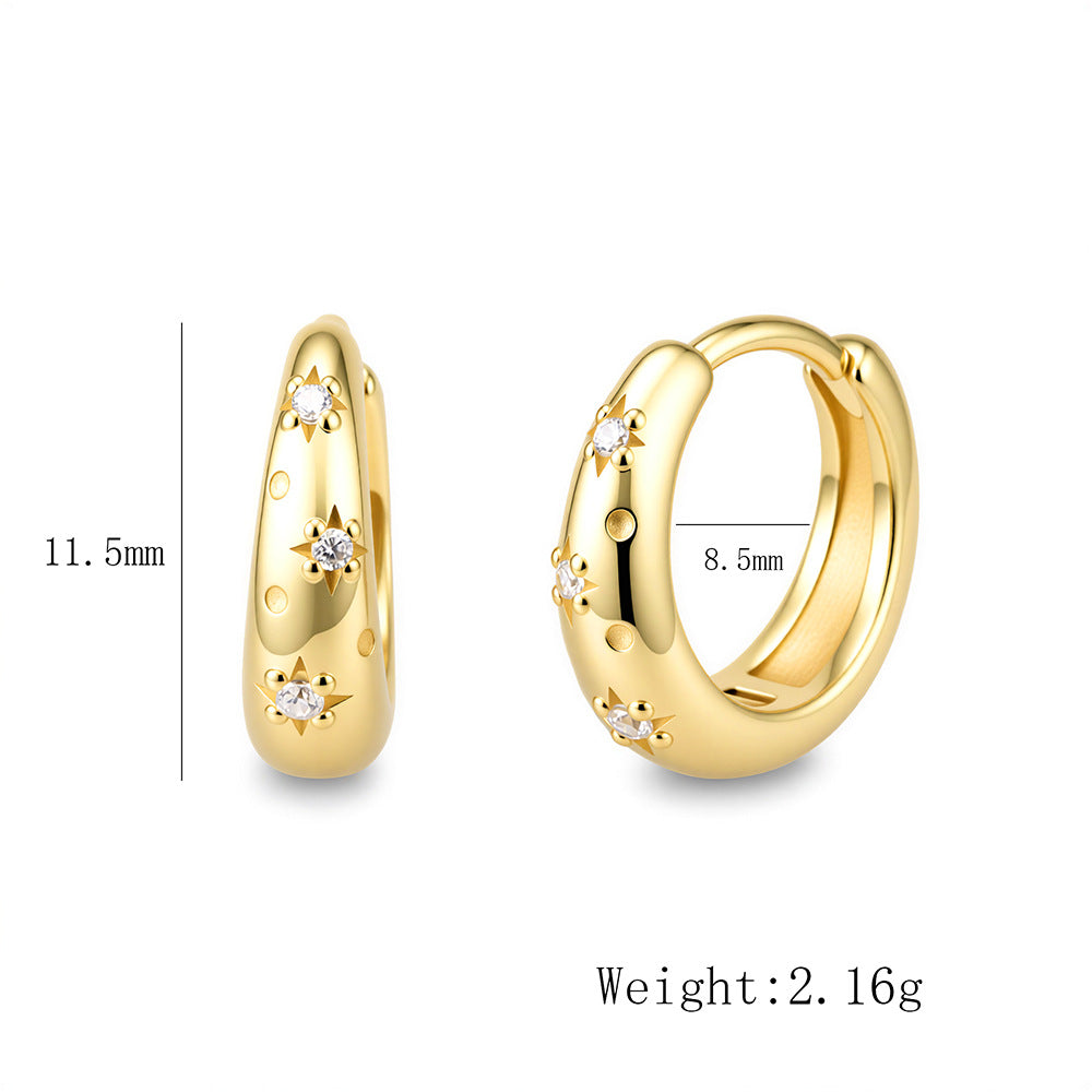 S925 Sterling Silver Metal Wide-Sided Earrings, Ear Buckles, Zircon