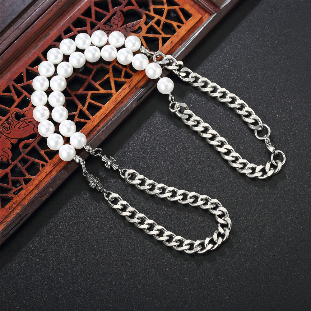 Planderful Korean Pearl Chain Cross Titanium Necklace For Unisex Hip Hop Style And Bold Statement